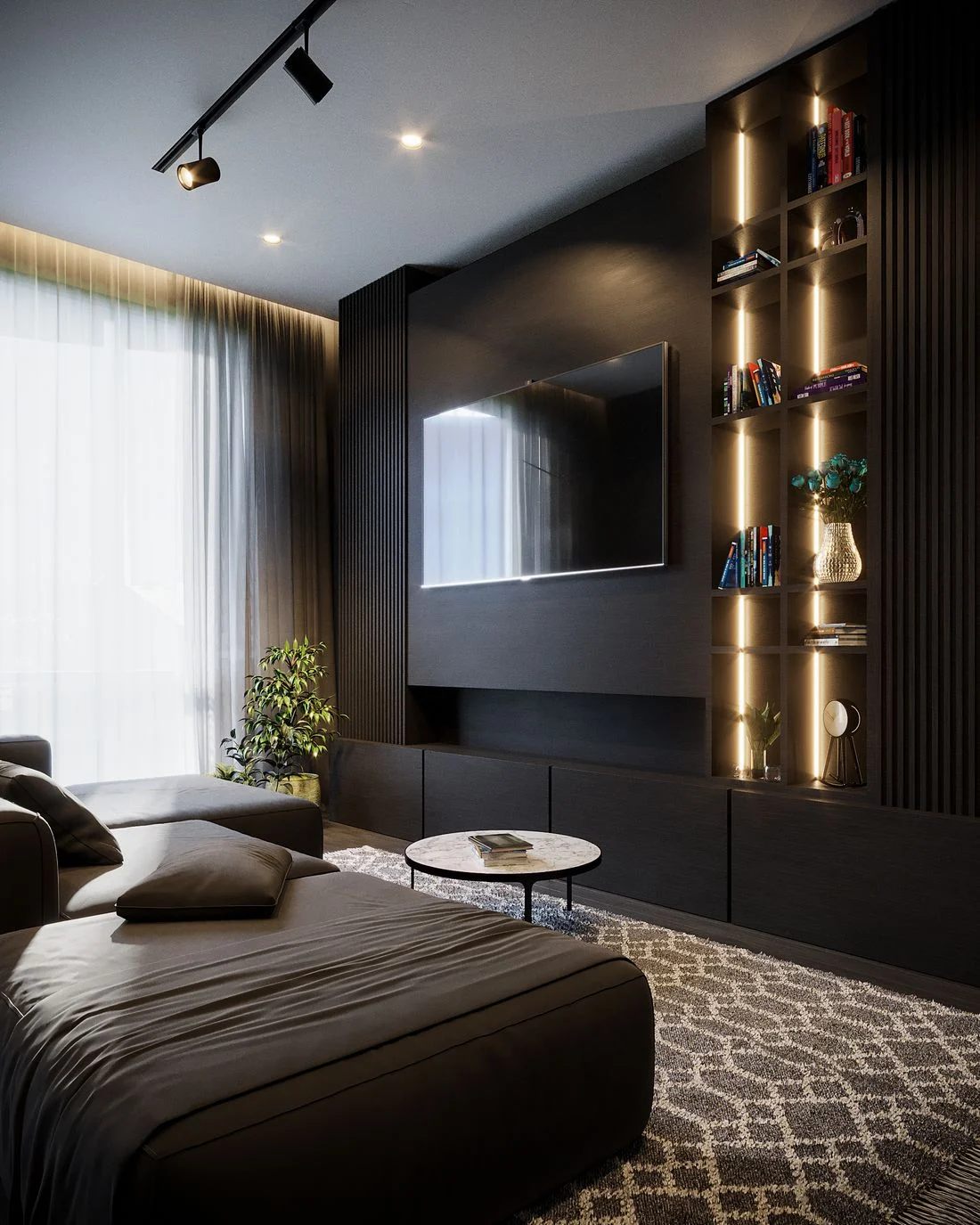 Dark television wall with shelves and gray lounge seating