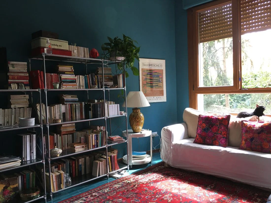 Book-filled shelves beside a sofa in a blue-walled living room