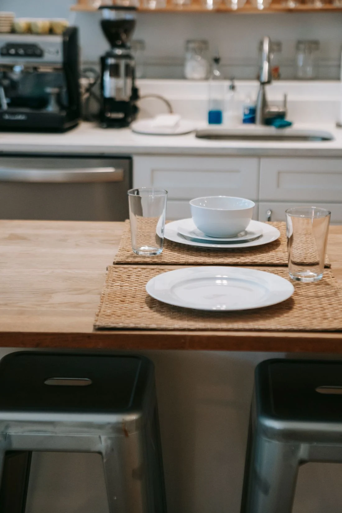 Set dining table in a bright kitchen