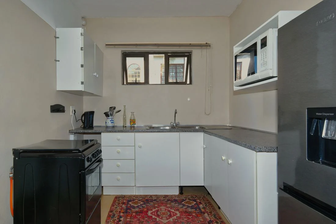 Colorful rug in a compact kitchen