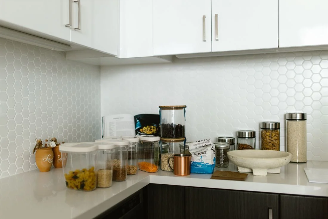 Food storage containers on a kitchen counter