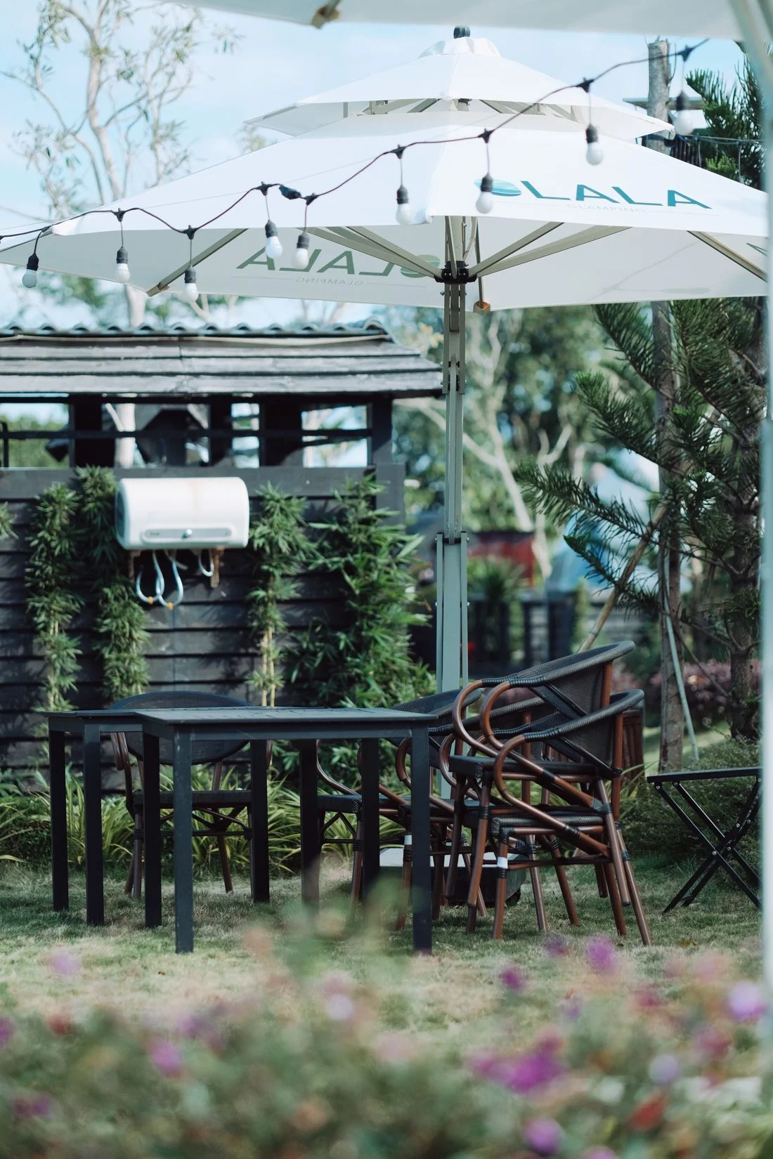 Patio table under a garden umbrella