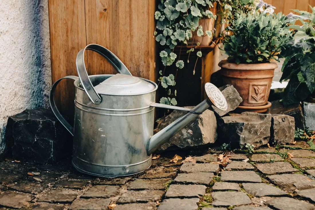 Watering can near pots on a paved patio